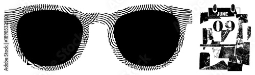 Stylish sunglasses with wavy detailing, paired with distressed calendar snippet showing June 9, vintage graphic design, isolated vector art.