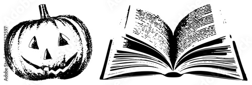 Carved pumpkin with triangular eyes and grin beside open book with textured pages, spooky Halloween, educational symbol, flat vector design.