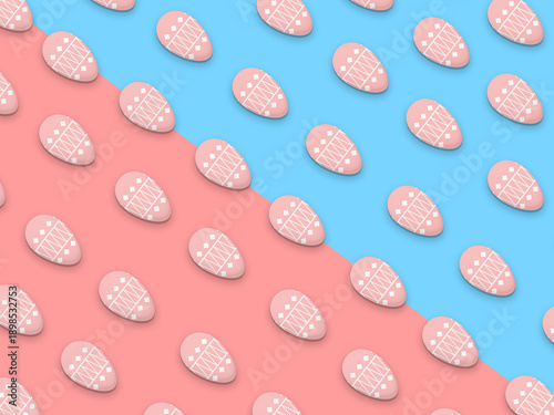 Photography Pink Decorated Easter Eggs with White Patterns on Diagonal Pink and Blue Background, Happy Easter Day Design Concept