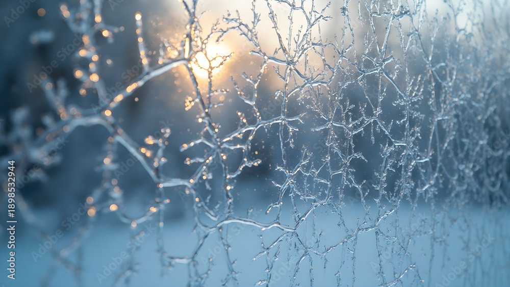 Fototapeta premium Crystallization patterns on windows. Amazing frozen window designs. How ice crystals form on glass. Beautiful winter frost art.