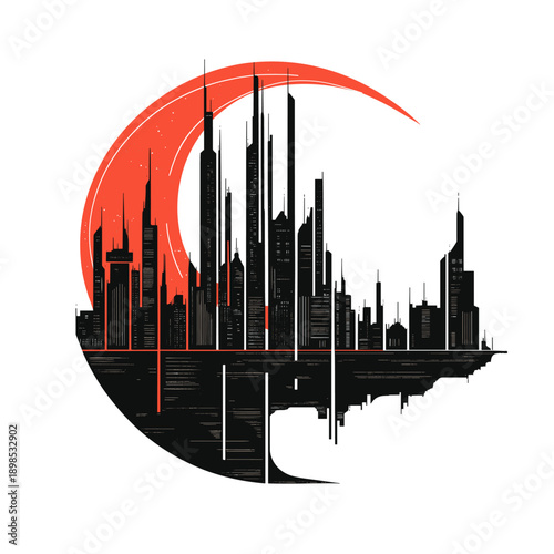 Futuristic Cityscape with Red Sun and Planets