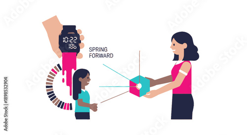 Daylight Saving Time (DST) Adjustment: Spring Forward concept illustration showing people changing the clock time