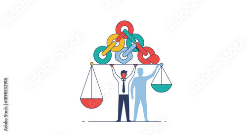 Corporate Balance: Businessman Holding Up Scale Supporting Interlocking Chain Links. Stability, Connection, and Equity.