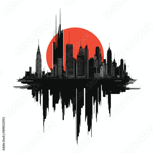 Futuristic Cityscape with Red Sun and Planets