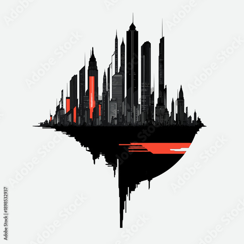 Futuristic Cityscape with Red Sun and Planets