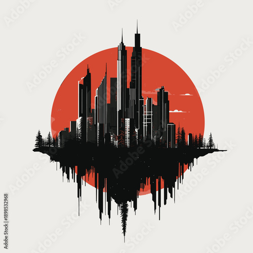 Futuristic Cityscape with Red Sun and Planets