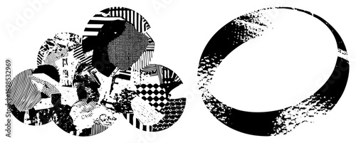 Vector graphic featuring fragmented circular shapes with halftone and striped, distressed edges, design, graphic art composition.
