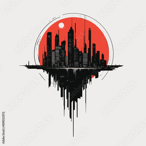 Futuristic Cityscape with Red Sun and Planets
