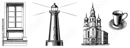 Vintage engraved window frame, lighthouse beam, spires, coffee cup on saucer timeless vector illustrations. Also known as heritage structures and café essentials.