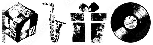 Distressed black and white vector of music culture ’s cube, saxophone, gift box, vinyl record with gritty texture, ideal for retro design or album art.