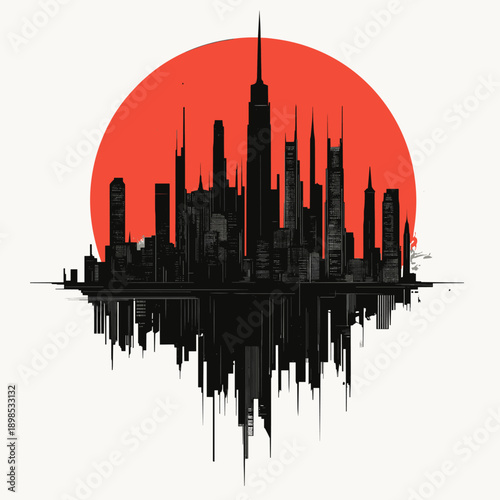 Futuristic Cityscape with Red Sun and Planets