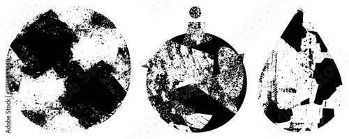 Fragmented circular and teardrop forms with halftone grain, vector graphic, black and white, stylized shapes, isolated design elements.