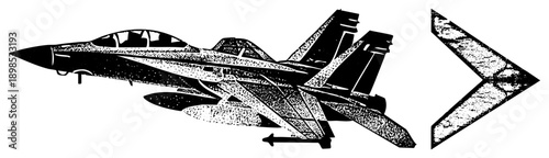 Military jet aircraft rendered in halftone style, vector illustration, combat plane, aviation, fighter jet silhouette, directional arrow, aviation graphic.