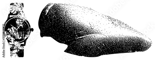 Analog wristwatch featuring woodland dial, paired with halftone bird silhouette, minimalist vector design, nature inspired accessory, isolated graphic elements.