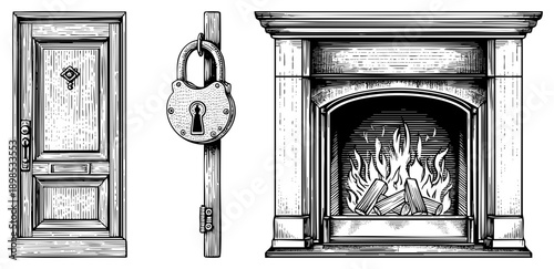 Antique wooden door with knocker, heavy padlock on post, ornate fireplace with flames, engraved art, rustic home elements, vintage illustration.