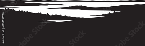Monochromatic landscape with hills and trees at sunset time