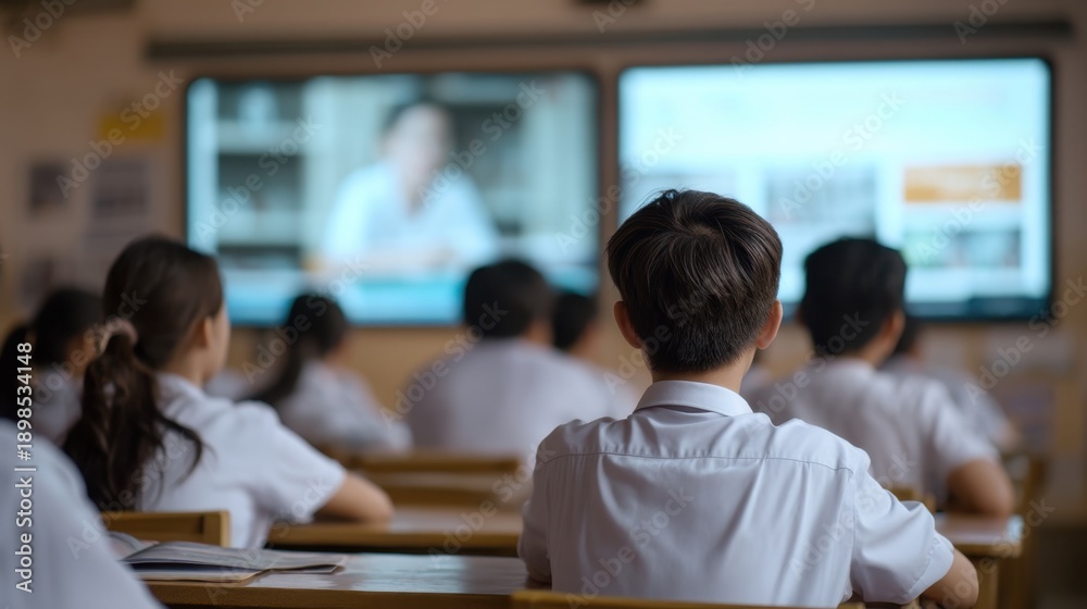Fototapeta premium Students Engaged in Learning as They Watch Educational Content in a Classroom Environment