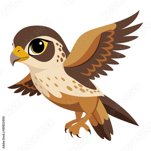 Cartoon Baby Falcon Flying. Cute Peregrine Falcon Chick. Isolated vector illustration on white background