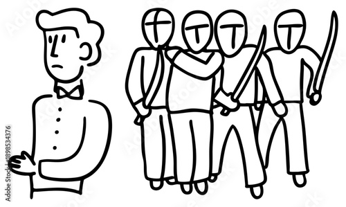 Man in tuxedo confronting masked sword wielding figures, stylized confrontation, cartoonish sketch, bold, isolated characters, vector illustration.