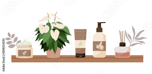 A set of cosmetics on a shelf. Face and body care products and a potted flower. Element for interior design. Vector illustration.