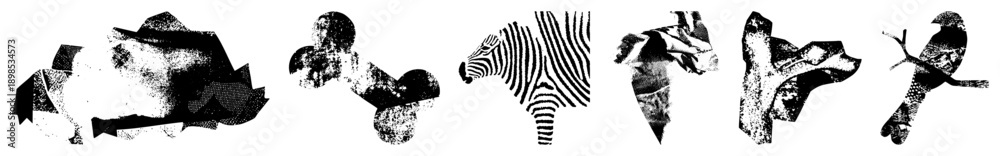 Naklejka premium Abstract animal forms rendered in fragmented halftone, stylized wildlife, graphic design elements, vector art, black and white composition, isolated animal motifs.