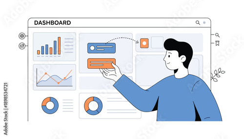 Business professional analyzing data on a digital dashboard with various charts and graphs displayed on a large computer screen interface