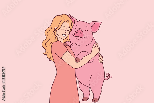Young blonde girl closing her eyes and embracing cute pig tightly. Emotional connection between human and animal during National Pig Day, showing care, kindness, and empathy.