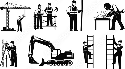 Construction Workers and Heavy Machinery Silhouettes in Black and White crane