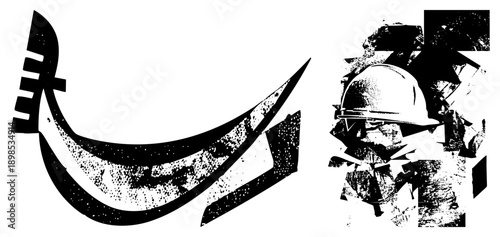 Stylized construction worker wearing hard hat, fragmented halftone texture, bold curved, graphic design, vector art, industrial theme, isolated foreground.