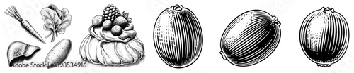 Detailed black and white vector art of produce including carrot, spinach, sweet potato, liver, berry tart, melon, eggplant, onion ideal for culinary or health themed designs.