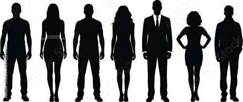 Diverse group of adult male and female silhouettes in various business and casual attire people woman