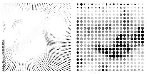 Vector halftone forming gradients and circular shapes, graphic design elements, print art textures, dot matrix variations, stylized visual effects.