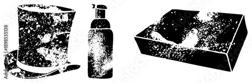 Classic top hat with brim, pump dispenser bottle, rectangular soap bar, all rendered in halftone dot, vector graphic, isolated foreground elements.