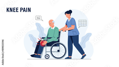 Senior man sitting in wheelchair experiencing chronic knee pain while being assisted by professional nurse in clinic.