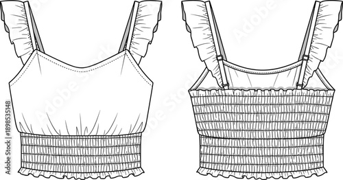 Fashion flat sketch of a smocked crop top with ruffled straps front and back view Keywords: fashion, flat sketch, clothing