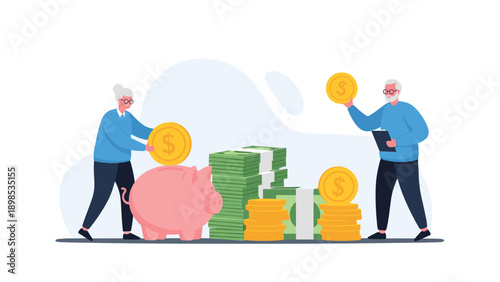 Senior retired couple happily saving money by putting gold coins into a large pink piggy bank for future security.