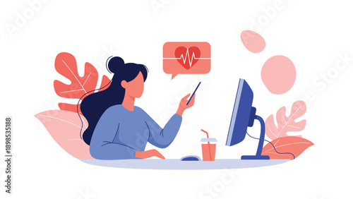 Professional woman monitoring her heart rate and health data using mobile application while working at her desk.