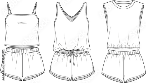 Schilderij op canvas Fashion flat sketches of women's pajama sets with camisole and shorts on white b