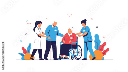 Healthcare workers assisting an elderly man with a cane and a woman in a wheelchair during a rehabilitation session.
