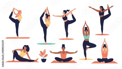 Group of diverse women performing different yoga asanas and stretching exercises for physical and mental health benefits.