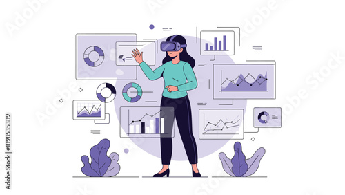 Professional woman wearing a virtual reality headset while interacting with complex data visualizations and analytical charts.