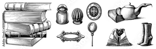 Antique engraved items stacked books, ornate frame, teapot, boots, and decorative accessories, classic illustration style, vector set.