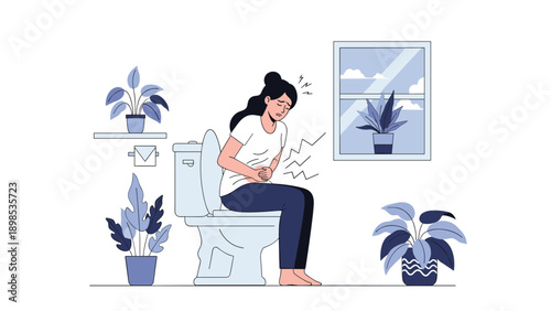 Young woman sitting on a toilet and holding her abdomen while experiencing severe stomach pain or digestive issues.