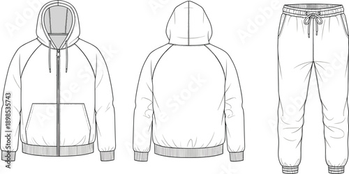 Technical Drawing of a Zippered Hoodie and Jogger Pants sweatshirt joggers