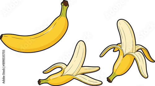 Three yellow bananas one whole and two peeled on a white background fruit food