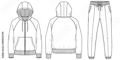 Technical flat sketches of a zipped hoodie and sweatpants on white background Keywords: fashion, sketch, flat, drawing, design