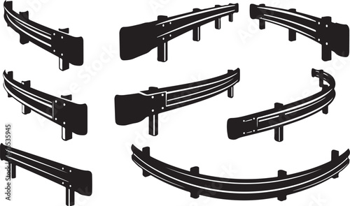 Set of black guardrail curves on white background illustration