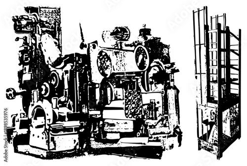 Retro mechanical equipment with bold and halftone shading, factory gear assembly, industrial gear system, mechanical illustration, vintage machinery design.