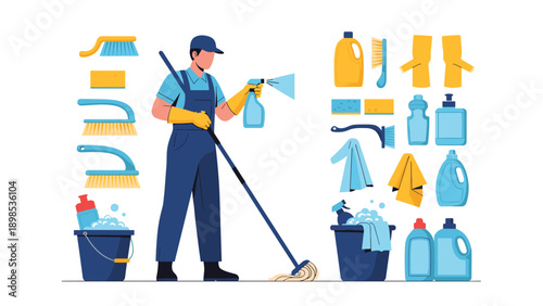 Male professional cleaner in uniform holding a mop and spray bottle surrounded by various cleaning tools and supplies.