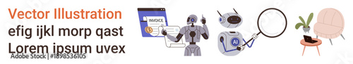Artificial intelligence, digital innovation, robotics, smart home, automation, futuristic technology. Robot with digital invoice, smart device and magnifying glass. Artificial intelligence